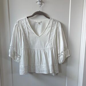 Anthropologie Eri + Ali White V-Neck Blouse cotton and lace